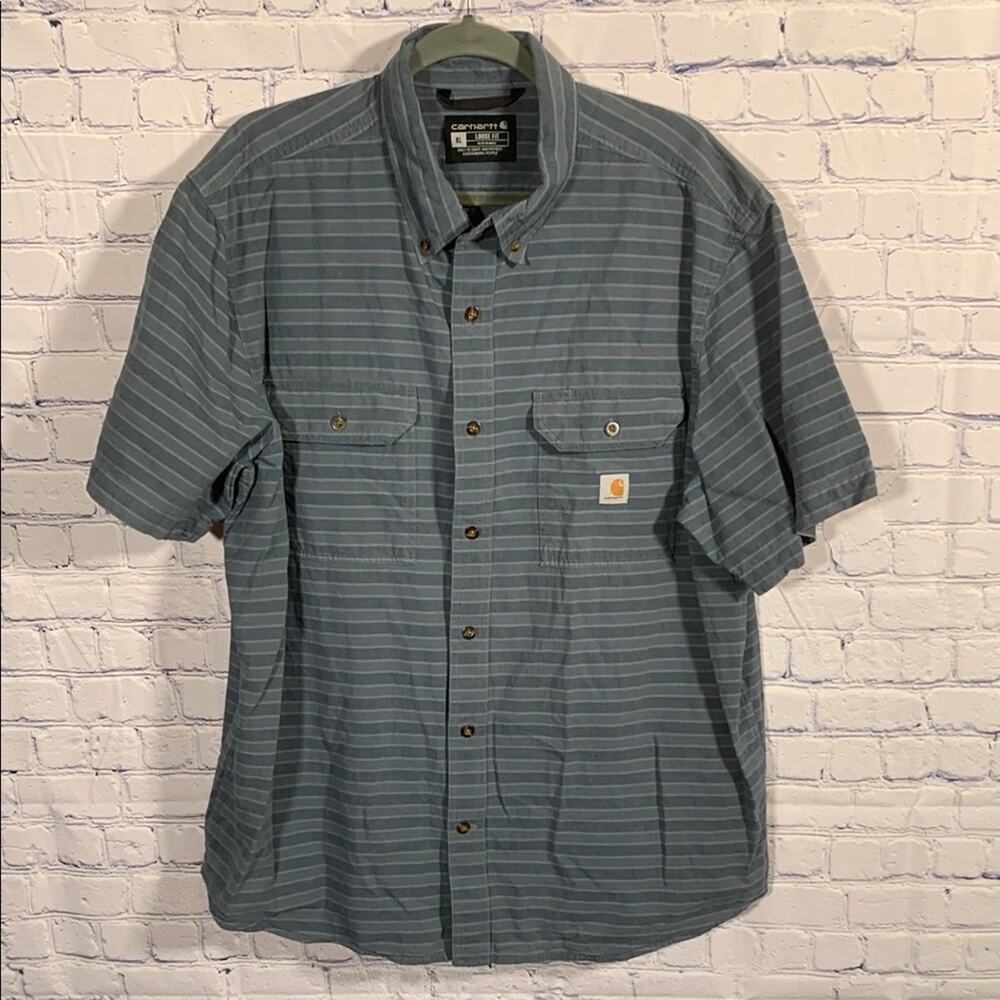 Carhartt Mens Loose Fit Short Sleeve Striped Button Down Blue Size XL Outdoor
